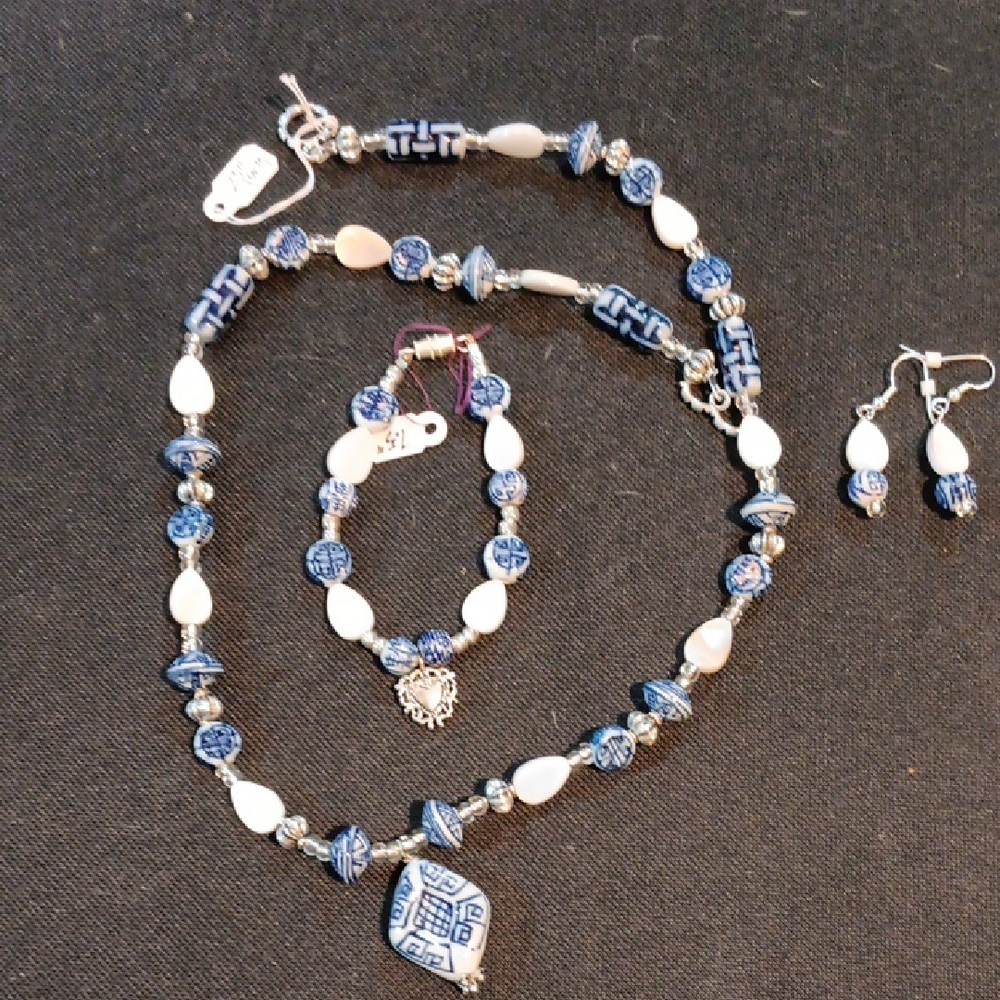 Handmade Blue and White Beaded Jewelry Set